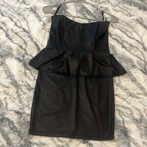 Strapless black leather mini dress